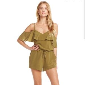 NWT Chaser Off Shoulder Silk Ruffle Romper in Olive Green